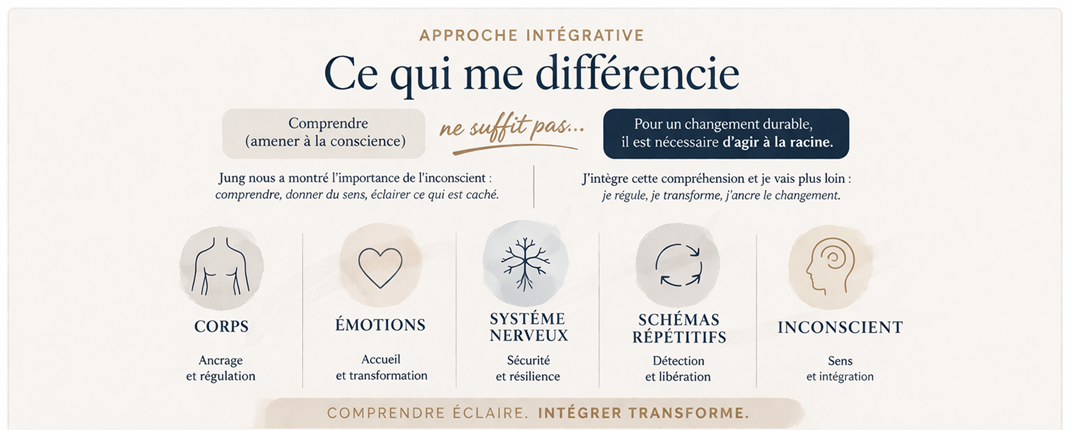 Ce qui me différencie - Approche intégrative : Comprendre ne suffit pas, pour un changement durable il est nécessaire d'agir à la racine. Corps, Émotions, Système Nerveux, Schémas Répétitifs, Inconscient.